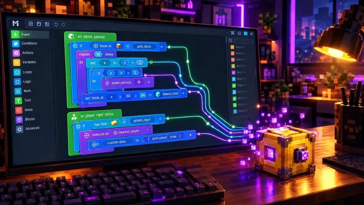 MCreator visual procedure and loops on a monitor inside a purple-lit coding studio