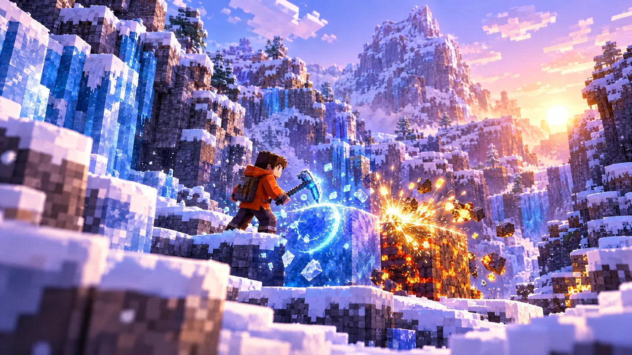 Different glowing tool effects from different blocks in a snowy Minecraft mountain canyon