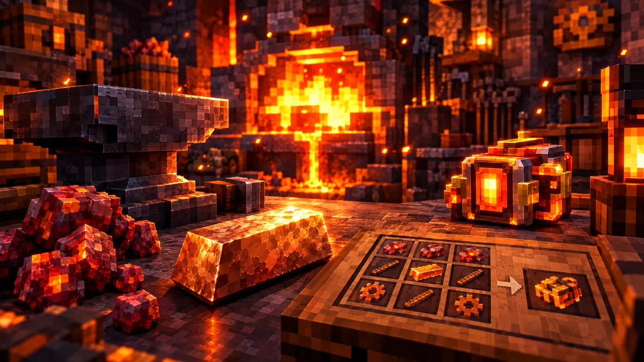 Custom ores and ingots beside a warm underground furnace and crafting grid