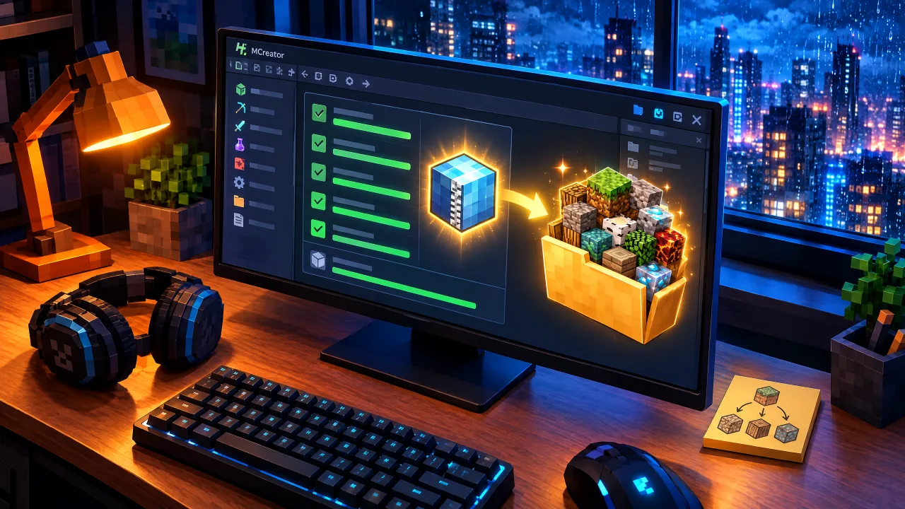 Completed MCreator mod packaged and installed at a nighttime computer workstation