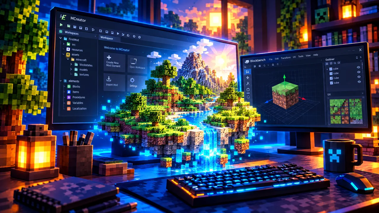Setup scene showing MCreator and Blockbench ready for Minecraft modding