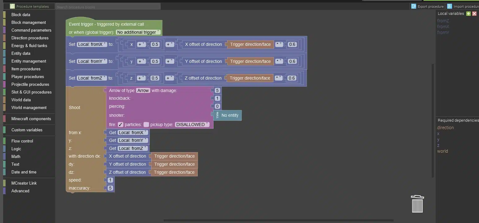 MCreator visual procedure blocks used to create Minecraft mod behavior