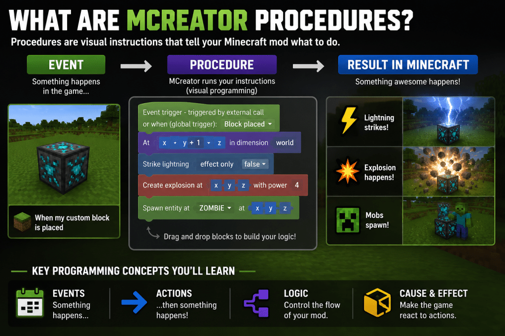 MCreator procedures tutorial showing how a custom Minecraft block triggers lightning, explosions, and mobs